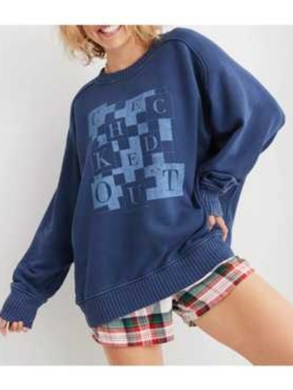 Aerie Oversized Graphic Crewneck Sweatshirt Blue Cozy Fleece Size S